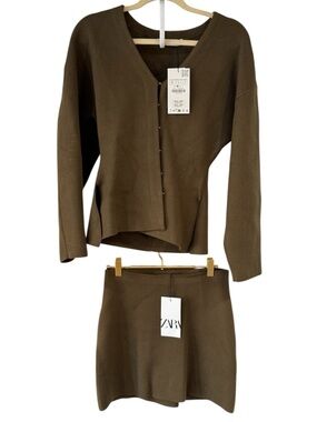 Zara Olive Brown Knit Skirt Set - V-Neck Button Peplum Top & Mini Skirt
